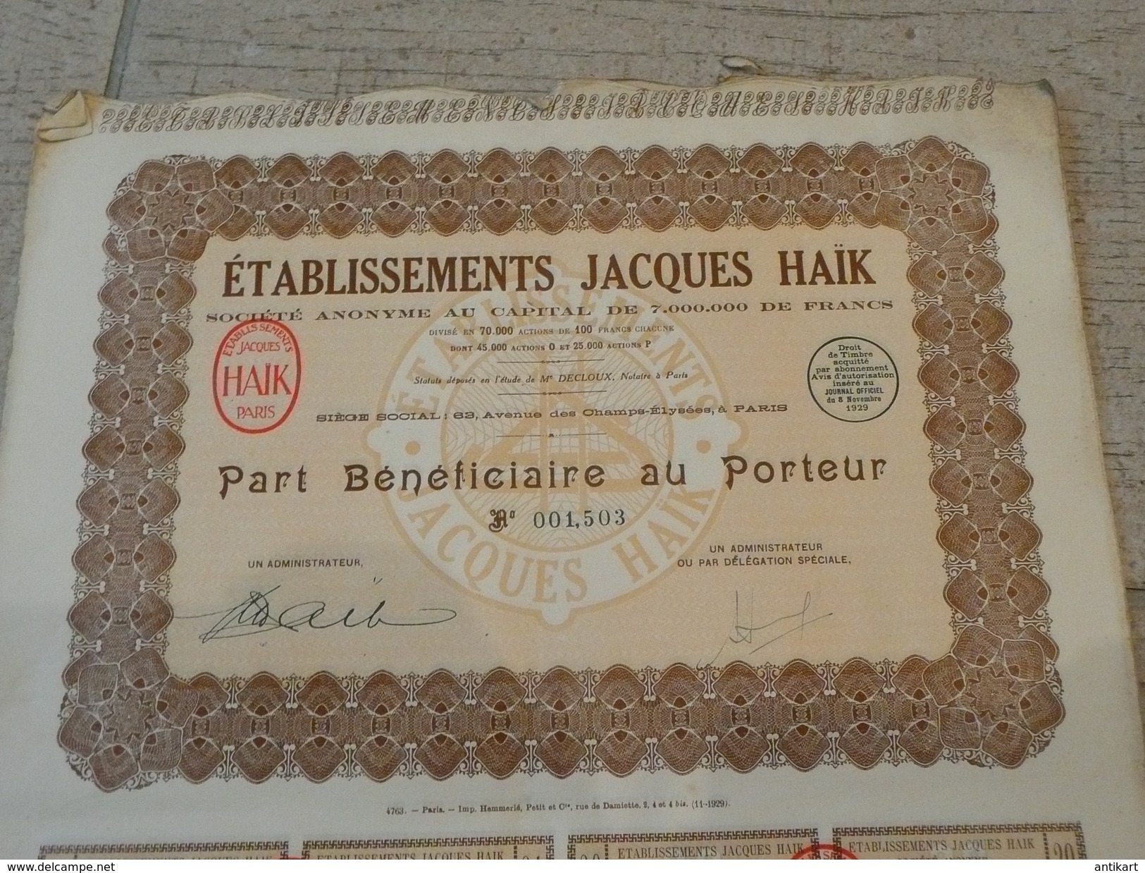 "établissements Jacques Haïk" Part Bénéficiaire Au Porteur 1929 - Cinéma & Théatre