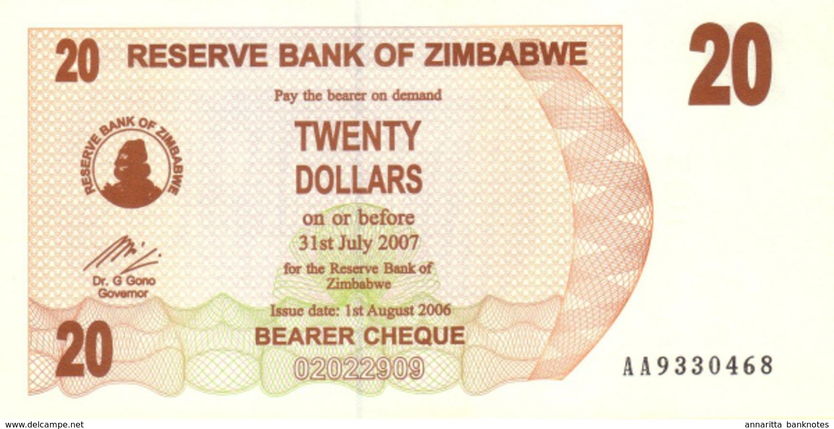 ZIMBABWE 20 DOLLARS 2006 P-40 UNC  [ZW131a] - Zimbabwe