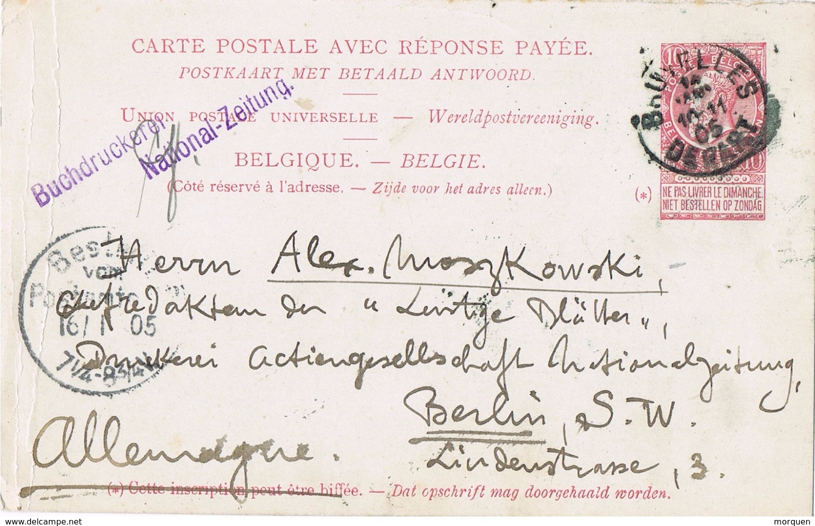 23736. Entero Postal BRUXELLES Depart (Belgien) 1905. NATIONAL ZEITUNG Lineal - International Reply Coupons