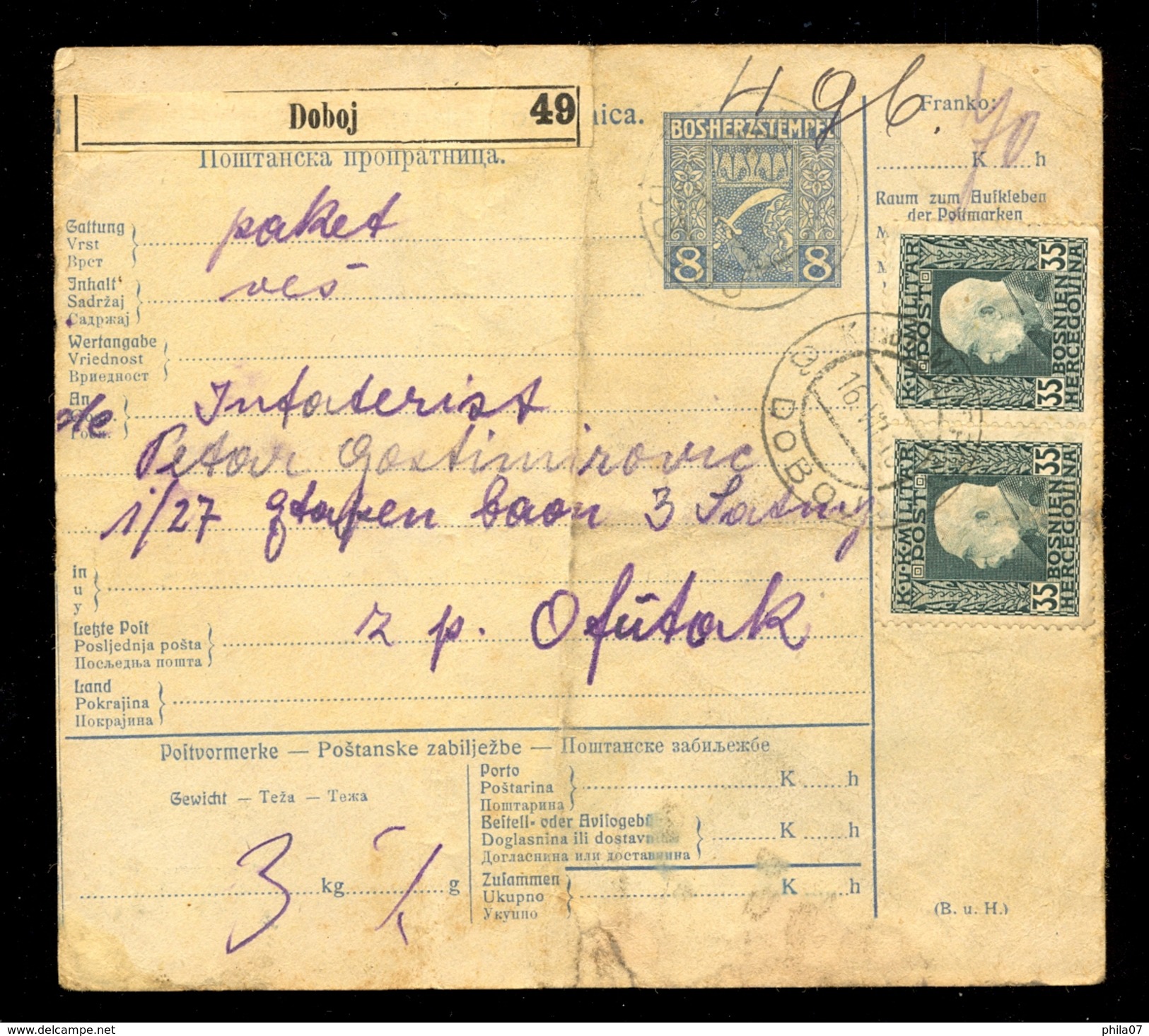 Austria, Bosnia&Herzegovina - Parcel Card Sent From Doboj To Offutak (Vojvodina) 16.07.1915. / 2 Scans - Briefe U. Dokumente