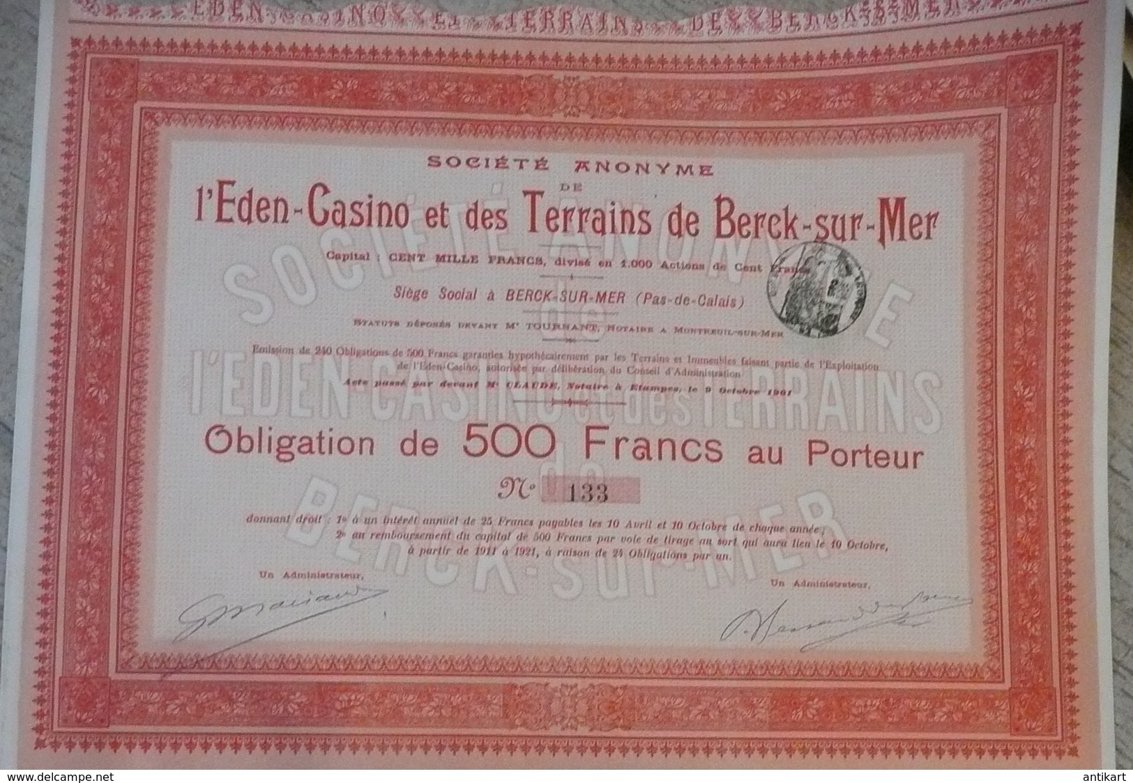 Société Anonyme De L'éden Casino Et Des Terrains De Berck-sur-mer Obligation De 500 F Au Porteur 1921 - Casino