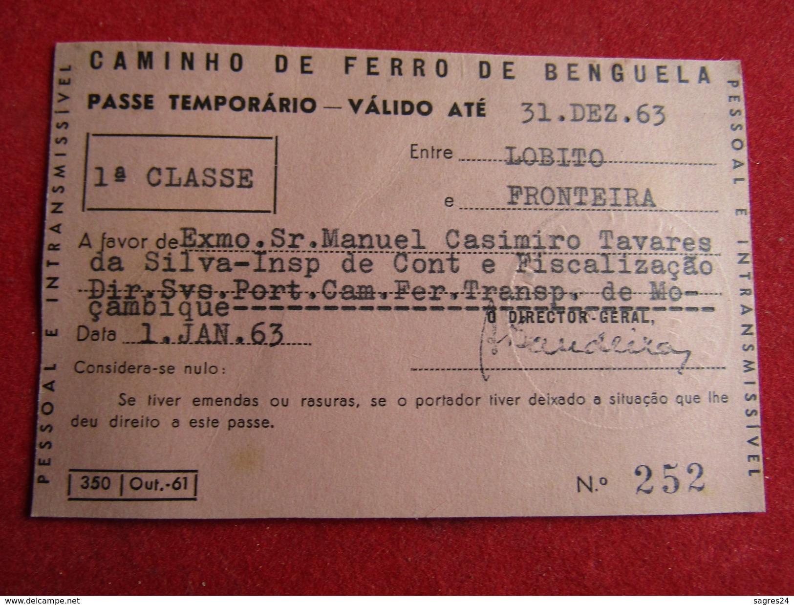 Angola - Caminho De Ferro De Benguela - Passe Anual 1ª Classe Entre Lobito E Fronteira 1963 - World