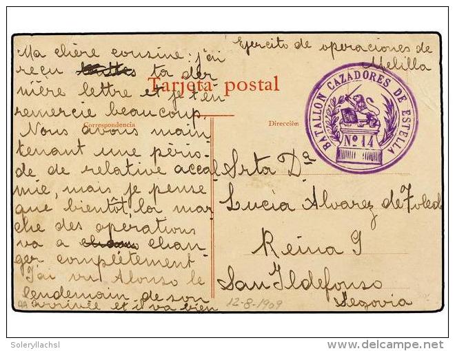 MARRUECOS. 1909. GUERRA DEL RIF. Tarjeta Postal Circulada Con Marca De Franquicia BATALLON DE CAZADORES... - Autres & Non Classés