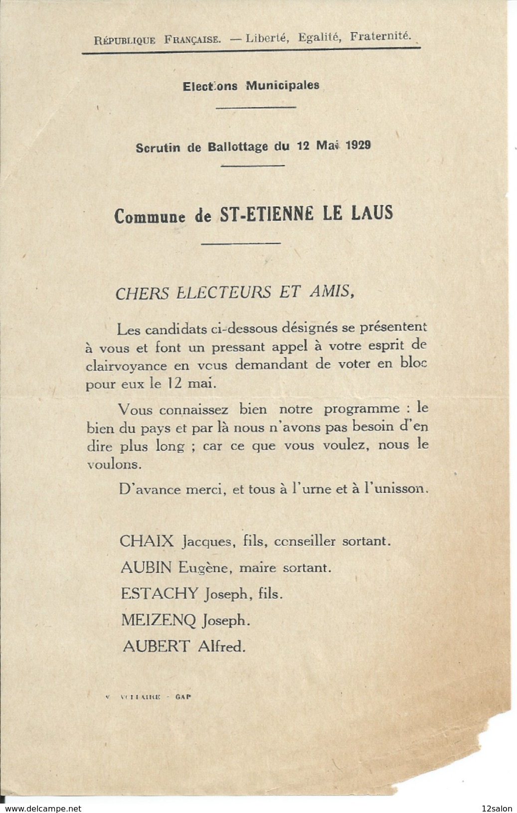 ELECTIONS TRACT  HAUTES ALPES SAINT ETIENNE LE LAUS 1929 - Historische Dokumente