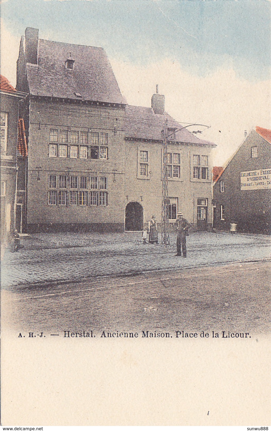 Herstal - Ancienne Maison, Place De La Licour (A H J, Animée, Colorisée, 1903) - Herstal