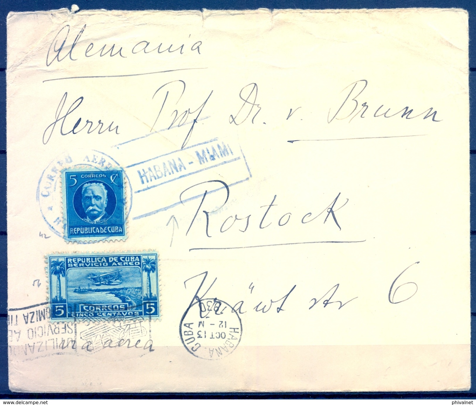 1930 , CUBA , LA HABANA - ROSTOCK ( ALEMANIA ) , CORREO AÉREO LA HABANA - MIAMI , YV. 178 , AER. 1 - Briefe U. Dokumente