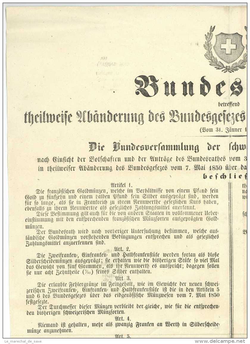 BERN SCHWEIZ 1860 - Bundesgesetz Münwesen Eidgenossenschaft Scheidemünzen Numismatik Suisse - Libri & Software