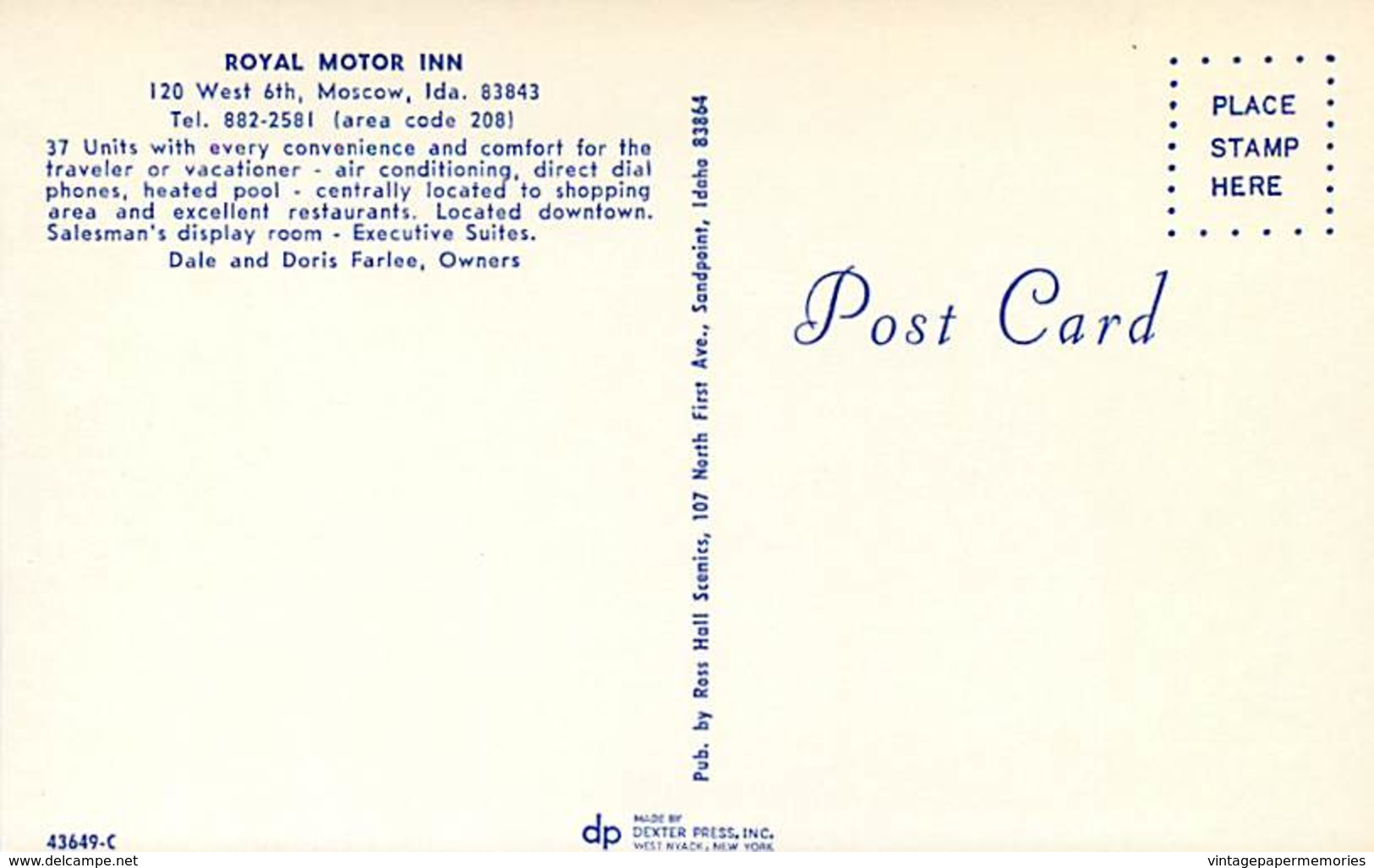 259285-Idaho, Moscow, Royal Motor Inn At Night, Ross Hall Scenics By Dexter Press No 43649-C - Sonstige & Ohne Zuordnung