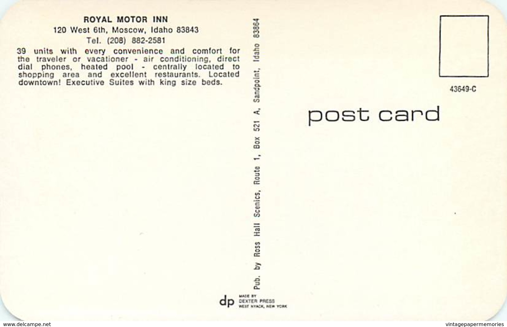 259281-Idaho, Moscow, Royal Motor Inn At Night, Ross Hall Scenics By Dexter Press No 43649-C - Altri & Non Classificati