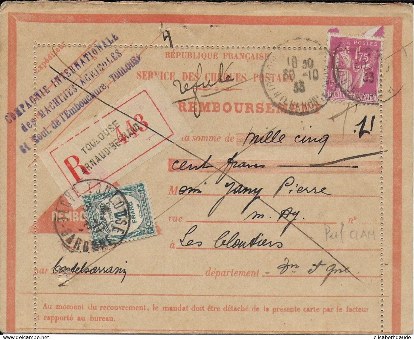 1935 - PAIX PERFORE "CIMA" Sur CARTE RECO CONTRE REMBOURSEMENT De TOULOUSE Avec TAXE ! => CASTELSARRASIN - Brieven En Documenten