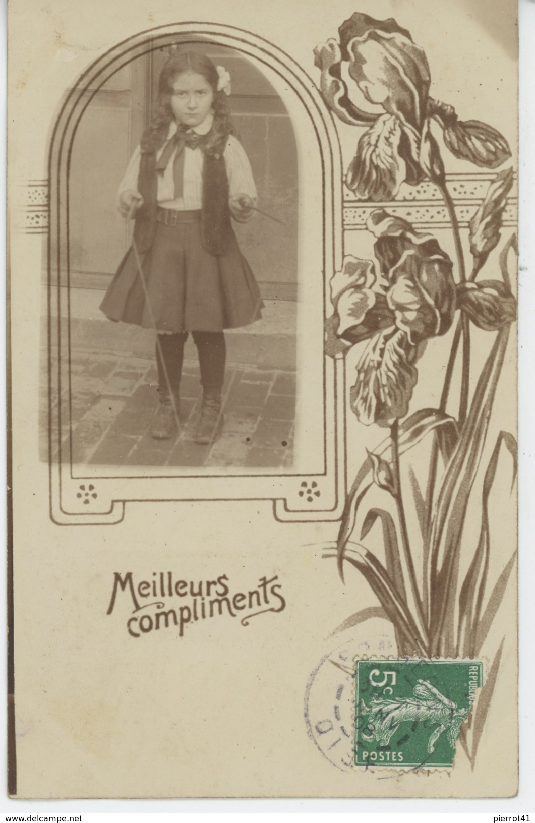 SONGEONS - Belle Carte Photo Portrait Fillette Jouant Avec Un Diabolo Et Iris , Postée à SONGEONS En 1908 - Songeons