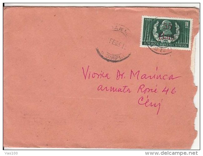 IL CARAGIALE, WRITER, 55 BANI OVERPRINT, STAMPS ON COVER, 1952, ROMANIA - Lettres & Documents