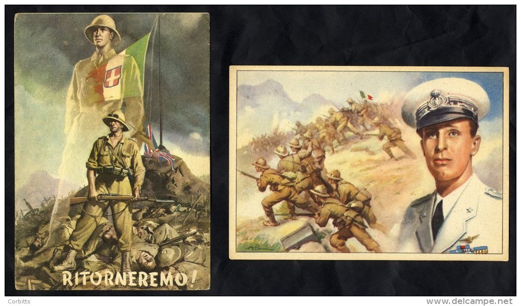 1940's Coloured Propaganda Card Depicting Italian Soldier &amp; Studying Our Defeated British Soldiers, Another Coloured - Autres & Non Classés