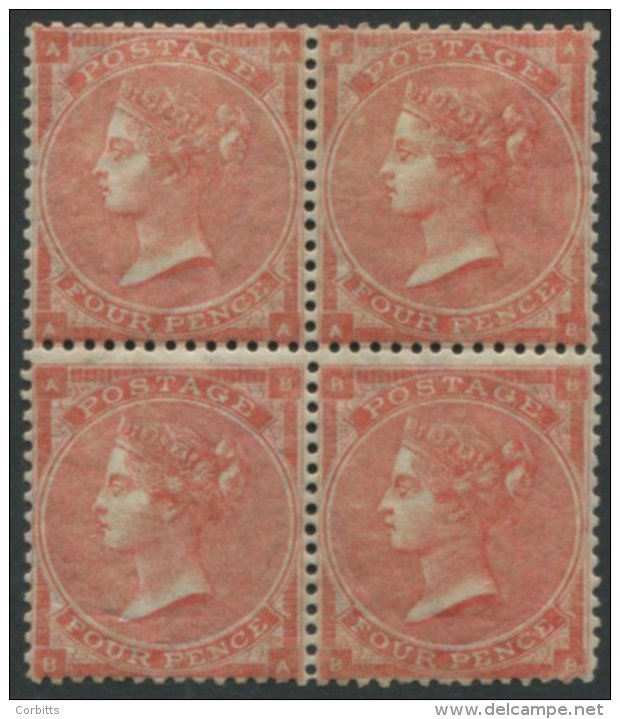 1862 4d Pale Red Pl.3 Wmk Large Garter M Block Of Four, Slight Crease &amp; Gum Disturbance, Part O.g, Fresh Appearance, - Sonstige & Ohne Zuordnung