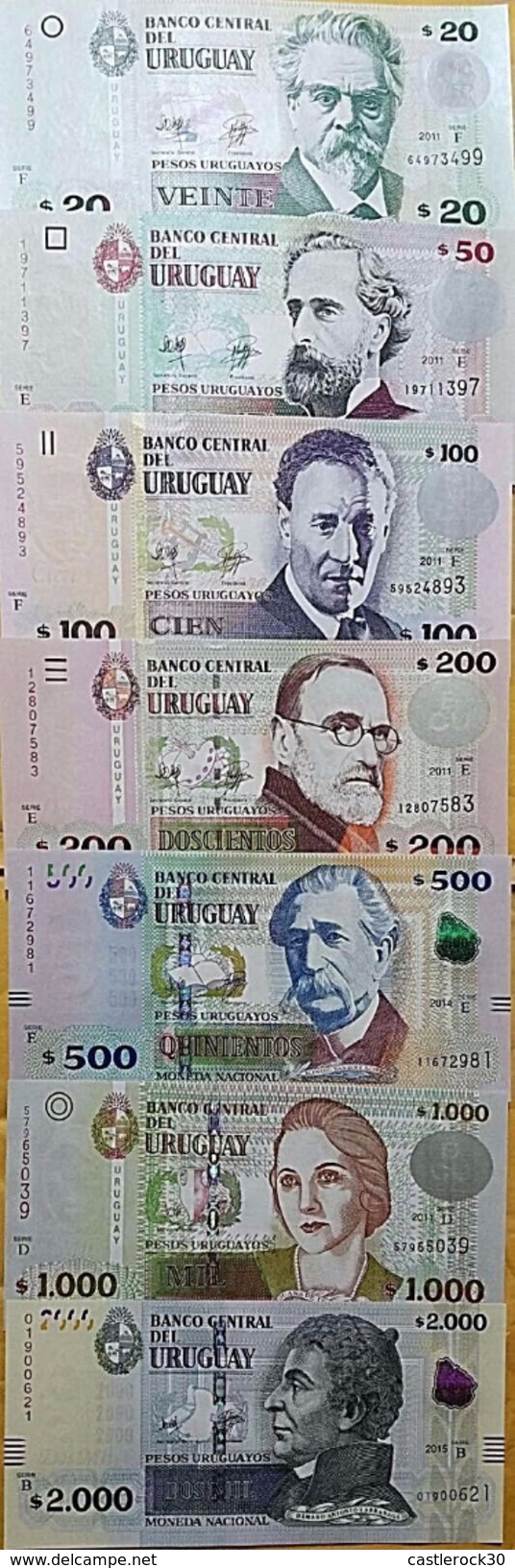 C) URUGUAY, PESOS 7 PCS 20,50,100,200,500,1000,2000 NEW UNC, BILLNOTES  SERIES VARIES  YEARS 2011,2014,2015 7PCS BRAND - Uruguay