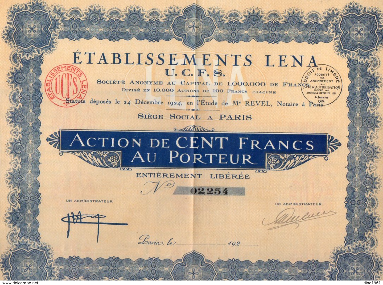 VP9748 - PARIS 1924 - Action - Etablissements LENA - U.C.F.S. - Industrial