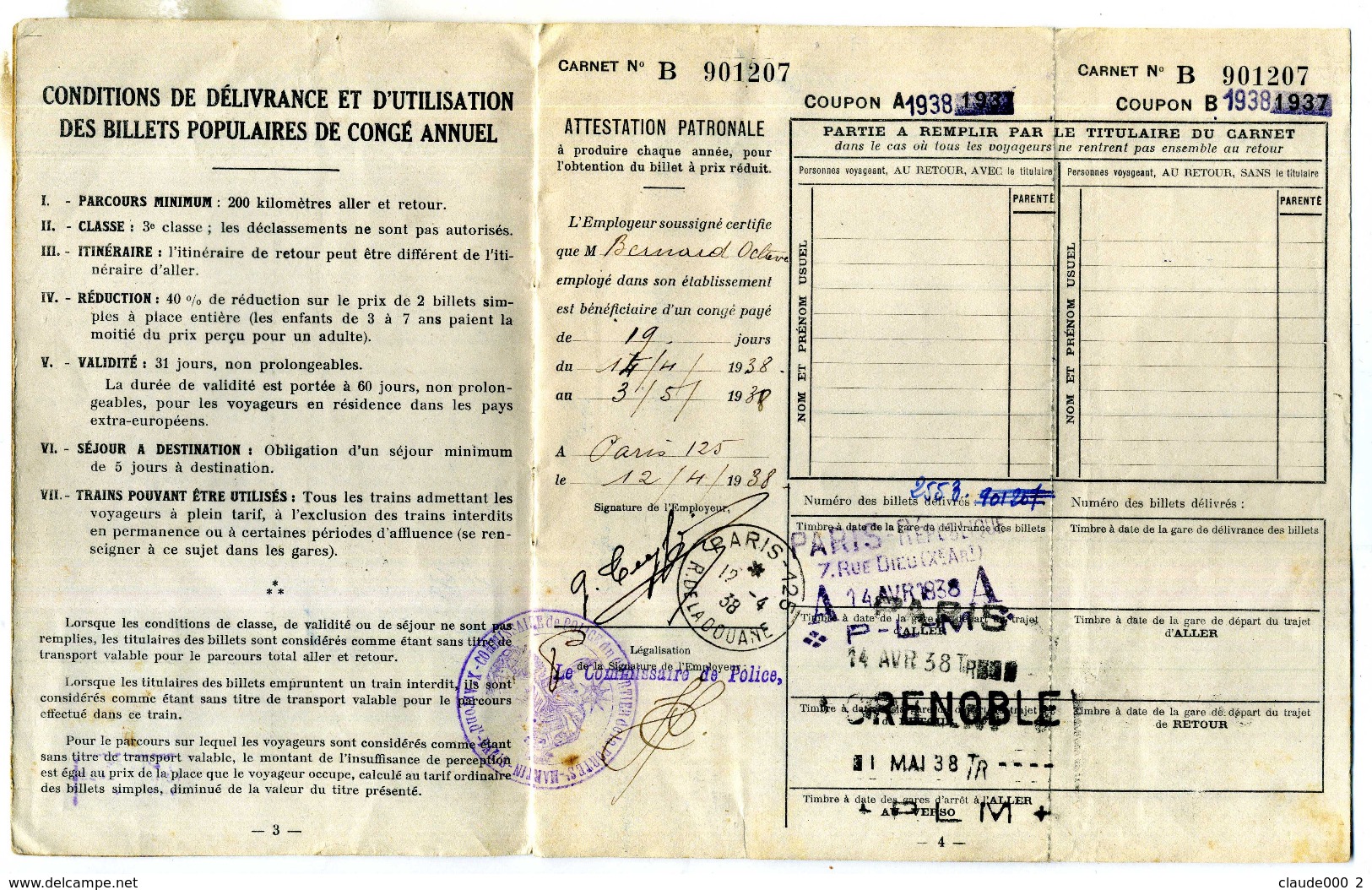 CARNET BILLETS POPULAIRES DE CONGE ANNUEL De Mr BERNARD Octave-Joseph Né Le 22/11/1911 - Europa