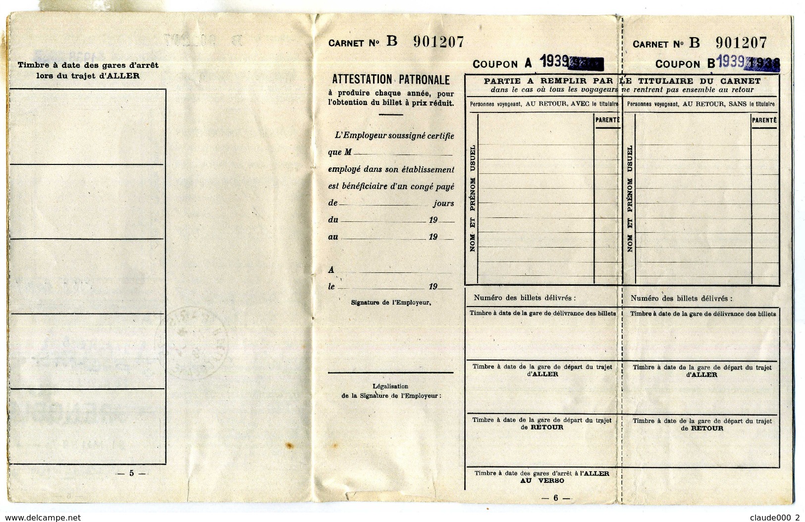 CARNET BILLETS POPULAIRES DE CONGE ANNUEL De Mr BERNARD Octave-Joseph Né Le 22/11/1911 - Europe