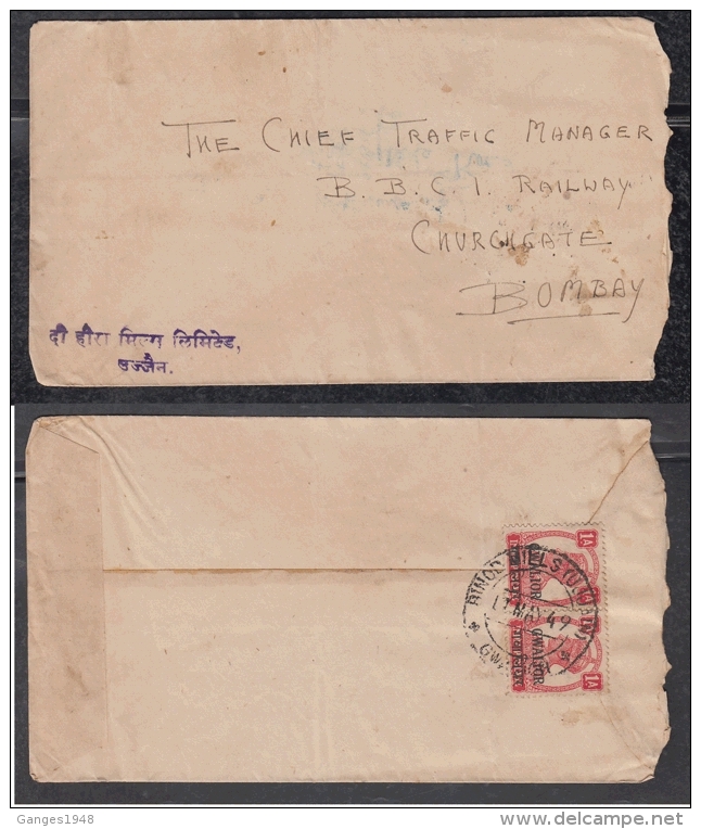 Gwalior 1949  KG VI Stamps Franked Cover Ujjain To Bombay  # 94498  Inde Indien India - Gwalior