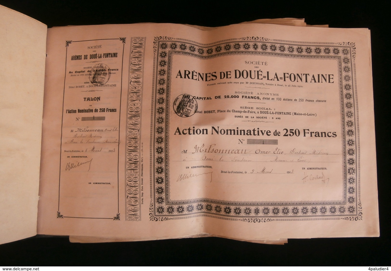 ( Maine-et-Loire  Angers ) Carnet De 100 Actions SOCIETE DES ARENES DE DOUE-LA-FONTAINE  1912 - Tourism