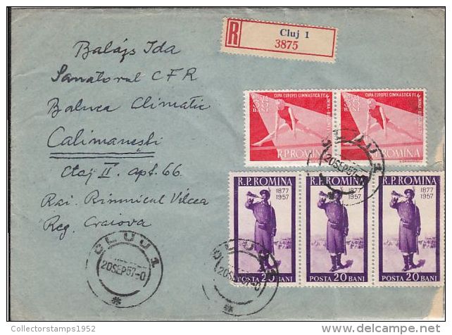 58825- SOLDIER, GYMNASTICS, FLOWERS, STAMPS ON REGISTERED COVER, 1957, ROMANIA - Cartas & Documentos