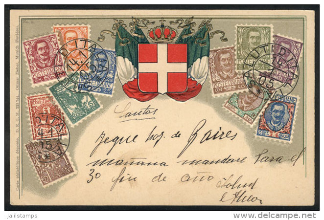 Old PC Illustrated With Postage Stamps And Coat Of Arms, Used In 1905, VF Quality! - Autres & Non Classés