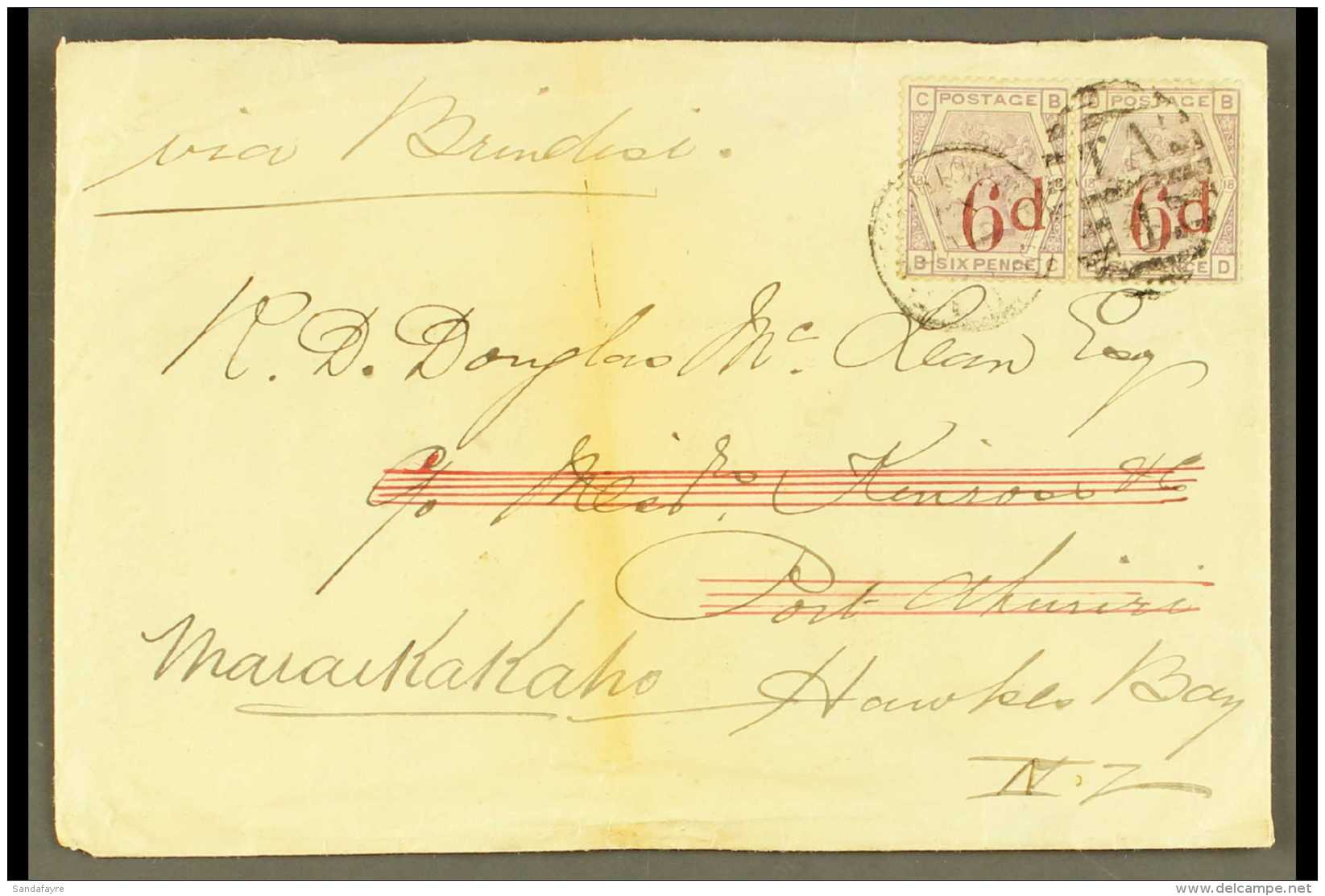 1883 6D ON 6D LILAC PAIR ON ENVELOPE TO NEW ZEALAND (Jan 12th) 6d On 6d Lilac, SG 162, Tied By London "TA/4"... - Autres & Non Classés