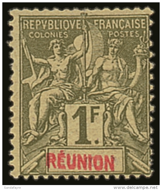 REUNION 1892 1fr Olive With "REUNION" Double Variety, Yvert 44a, Fine Mint. For More Images, Please Visit... - Autres & Non Classés