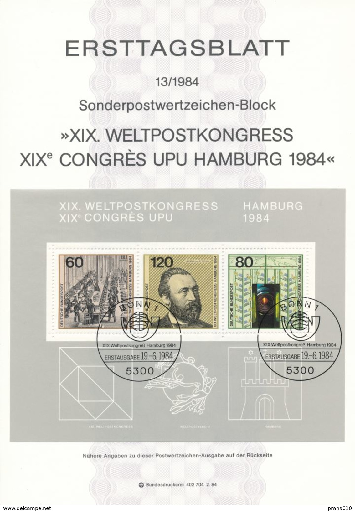 BRD / First Day Sheet (1984/13) 5300 Bonn 1: XIX. Universal Postal Union UPU Congress 1984 Hamburg; Heinrich Von Stephan - UPU (Union Postale Universelle)