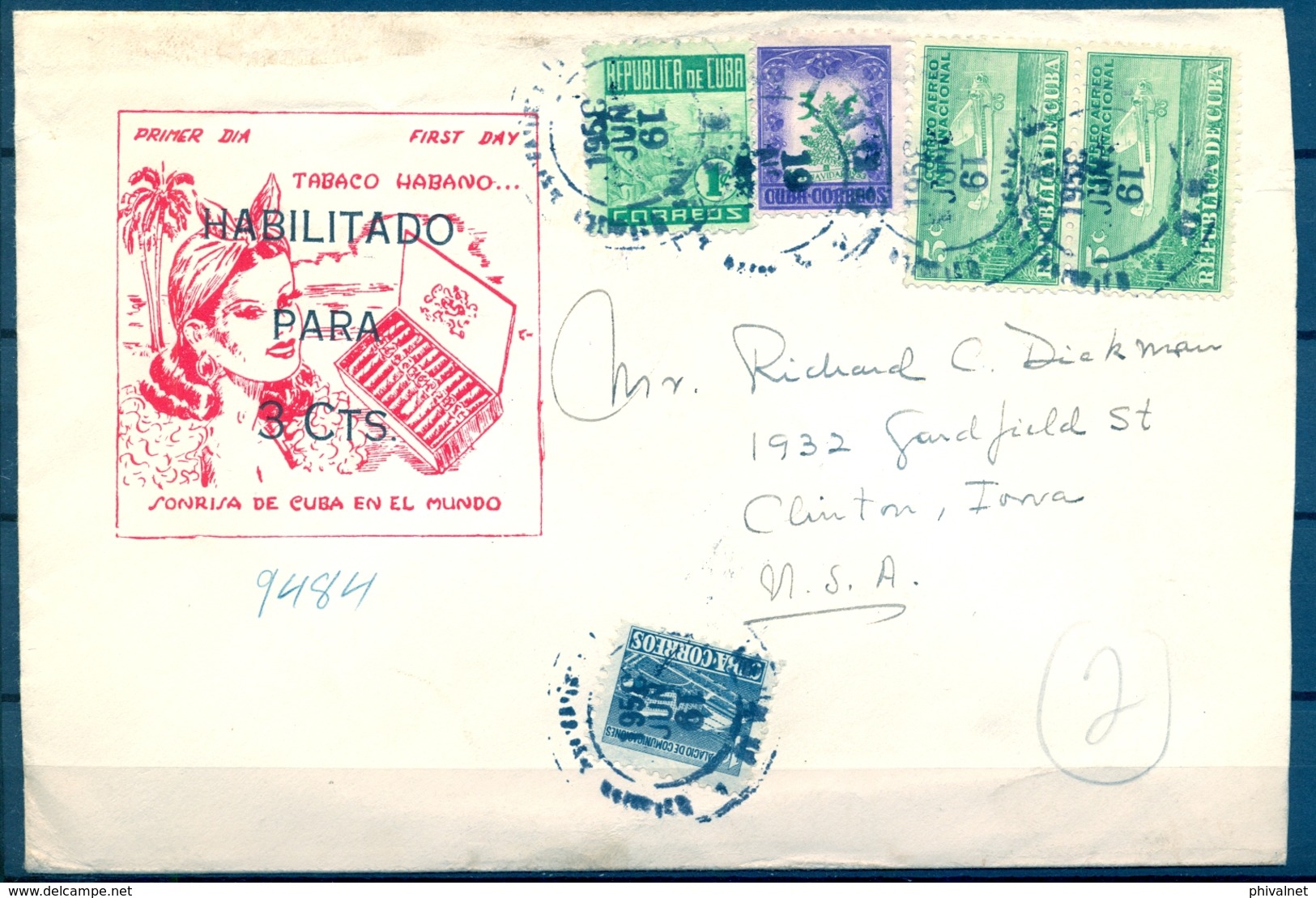 CUBA 1953 , LA HABANA  , SOBRE CIRCULADO A CLINTON ( IOWA ) , LLEGADA - Covers & Documents