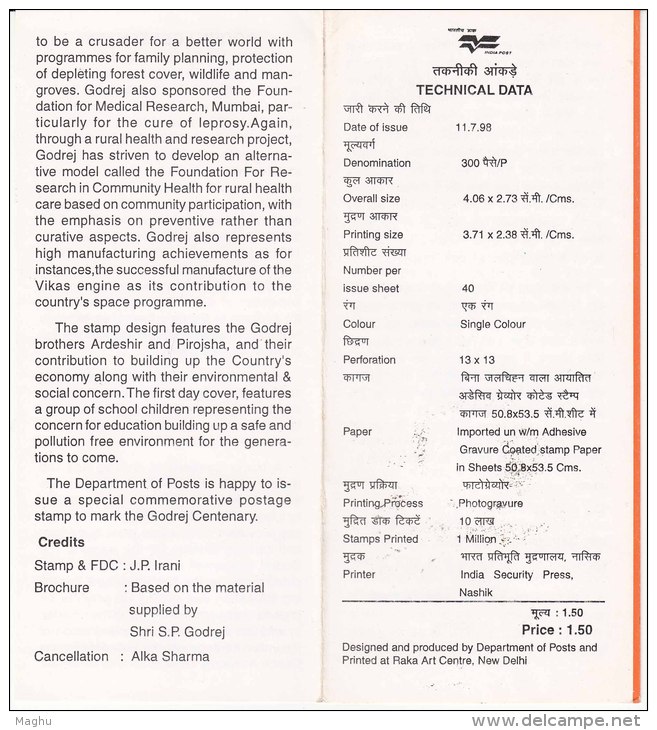 Stamped Information, Godrej Centenery, Industries,  Soap  Vegetable, Forest Wildlife Leprosy, Space Rocket India 1998 - Asia