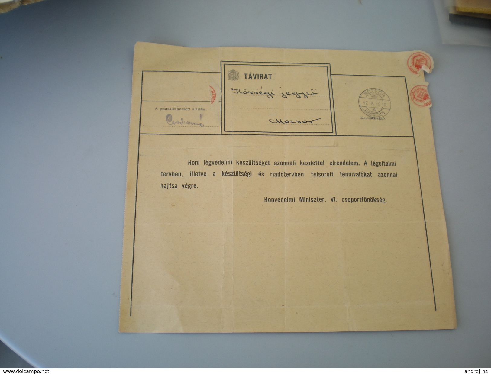 Tavirat Telegram WW2 Okupation Mozsor 1942 Mosorin - Banat-Bacska