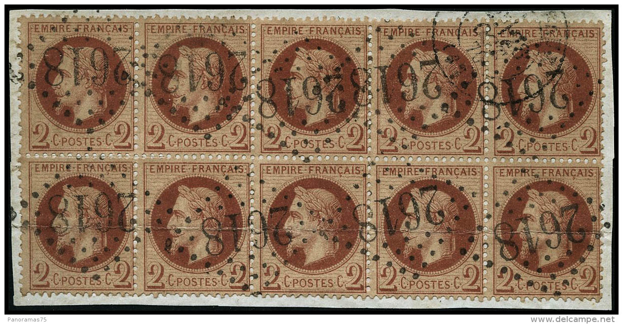 N&deg;26 2c Rouge-brun, Bloc De 10, Impression Fine Obl GC 26, E Et C&agrave;d 28/10/70 Pli Horizontal Sur Bande En Bas - 1863-1870 Napoléon III. Laure