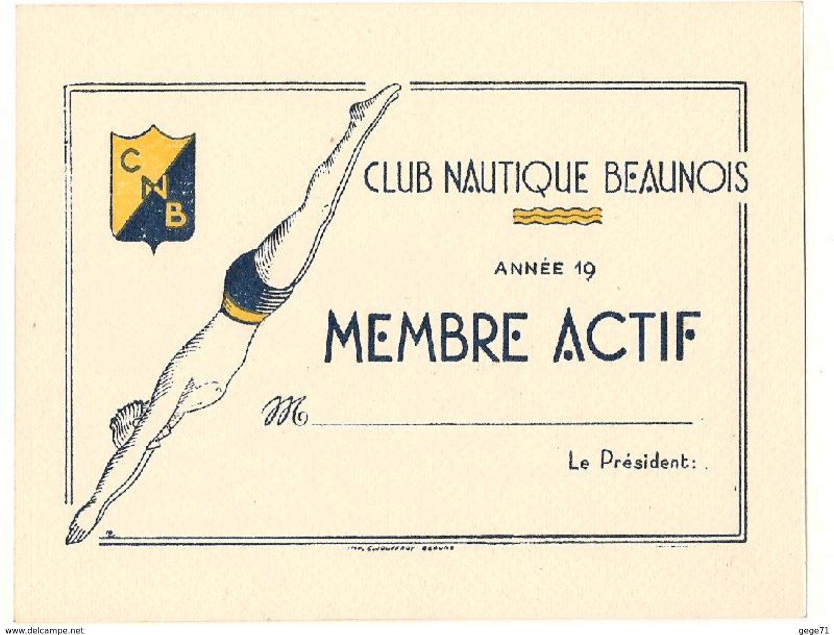 Beaune - Carte Vierge De Natation - Club Nautique Beaunois - Membre Actif - Swimming