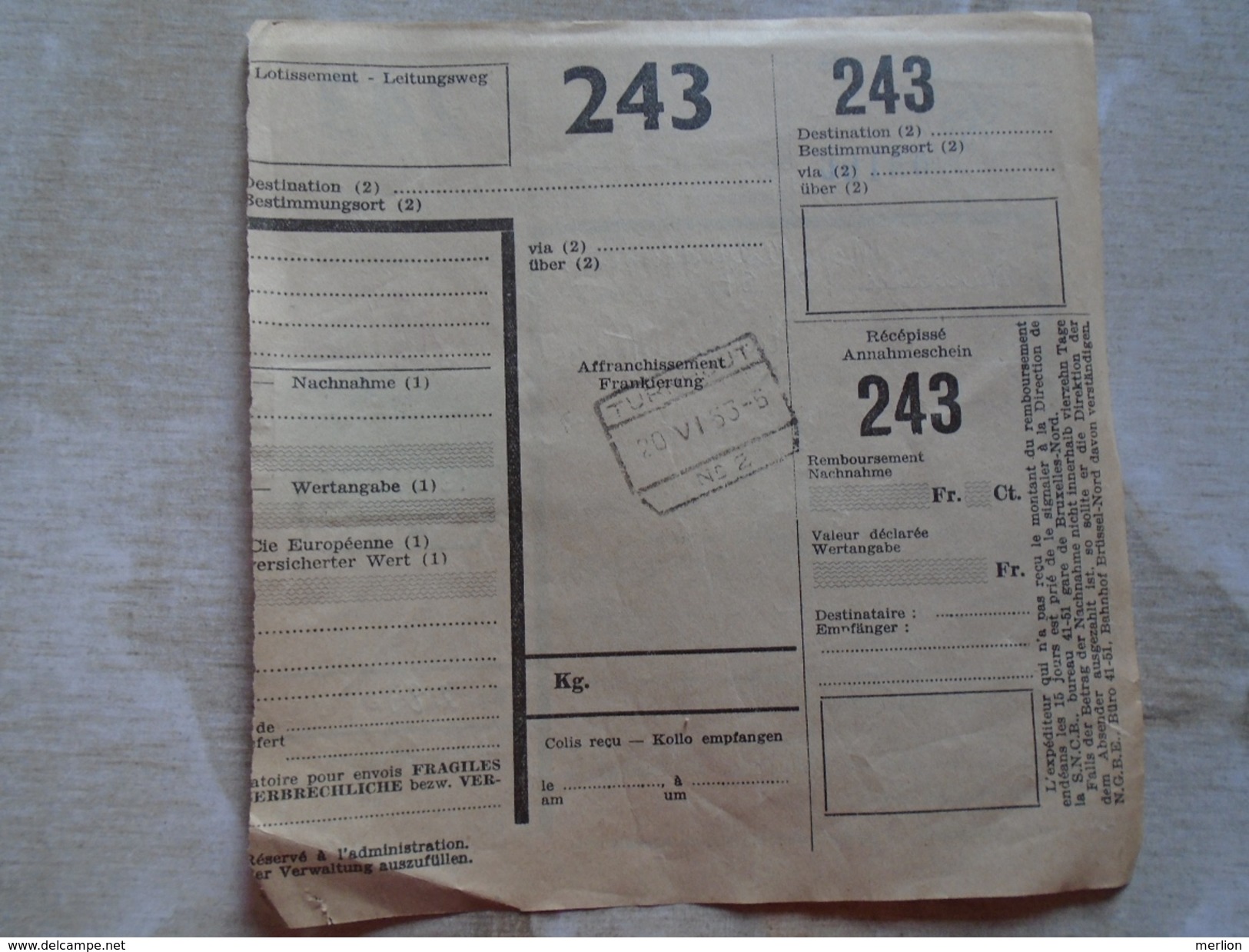 D149251 Bulletin D'expédition Collis Postal Cachet DIEST 1953 - Other & Unclassified