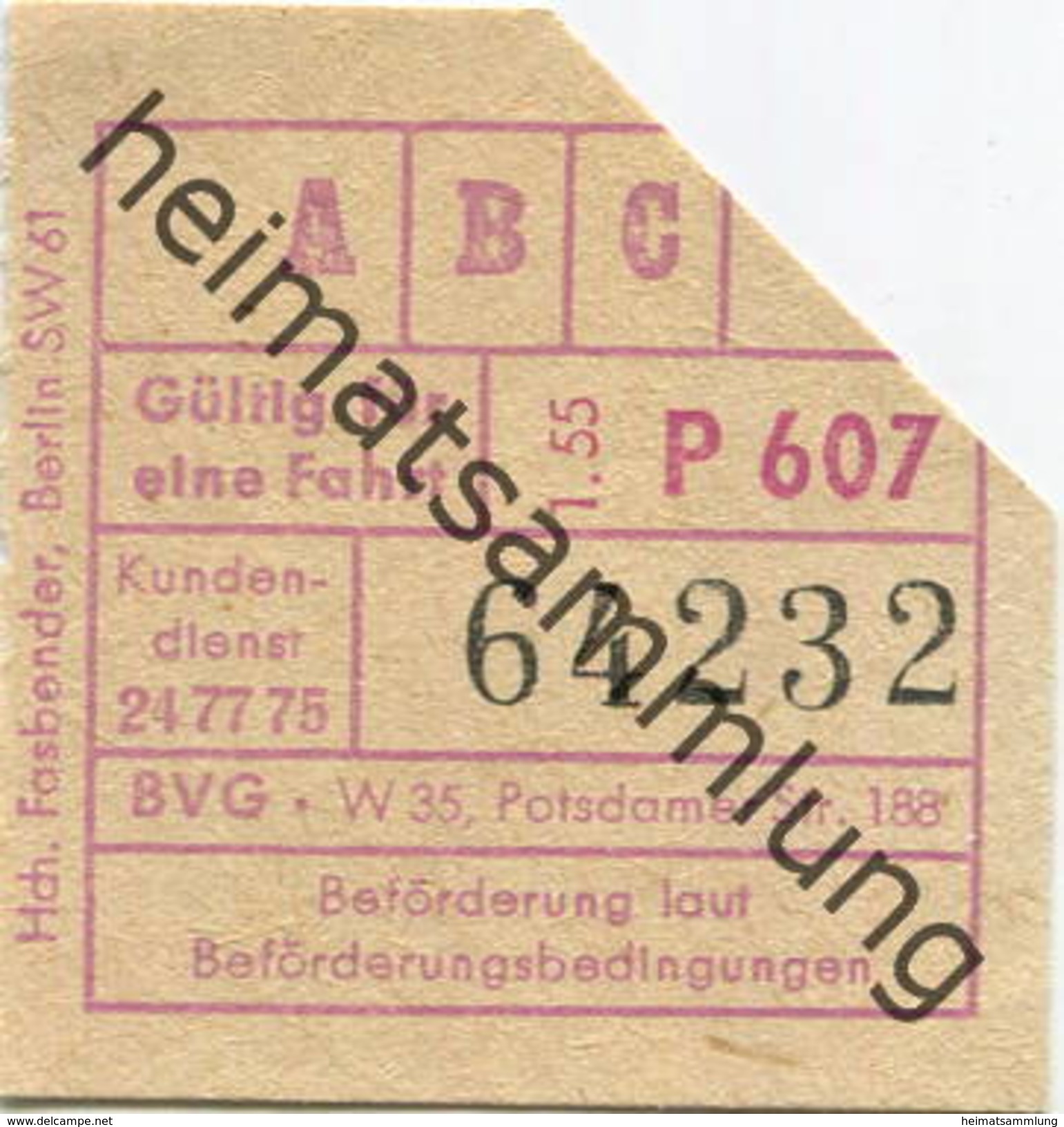 Deutschland - Berlin - BVG - Berlin Potsdamer Str. 188 - Fahrschein 1955 - Europe