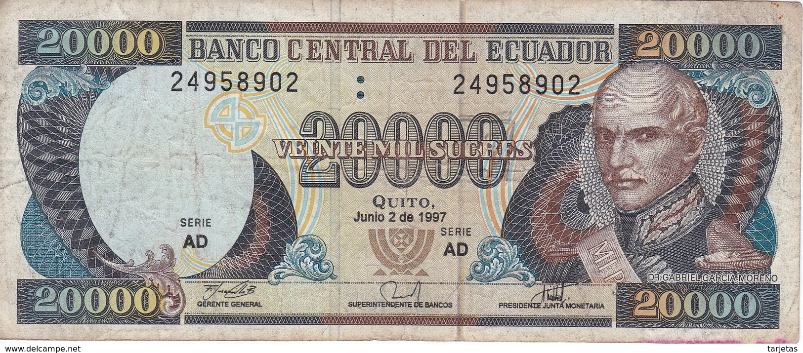 BILLETE DE ECUADOR DE 20000 SUCRES DEL 2 DE JUNIO DEL AÑO 1997 (BANKNOTE) - Ecuador