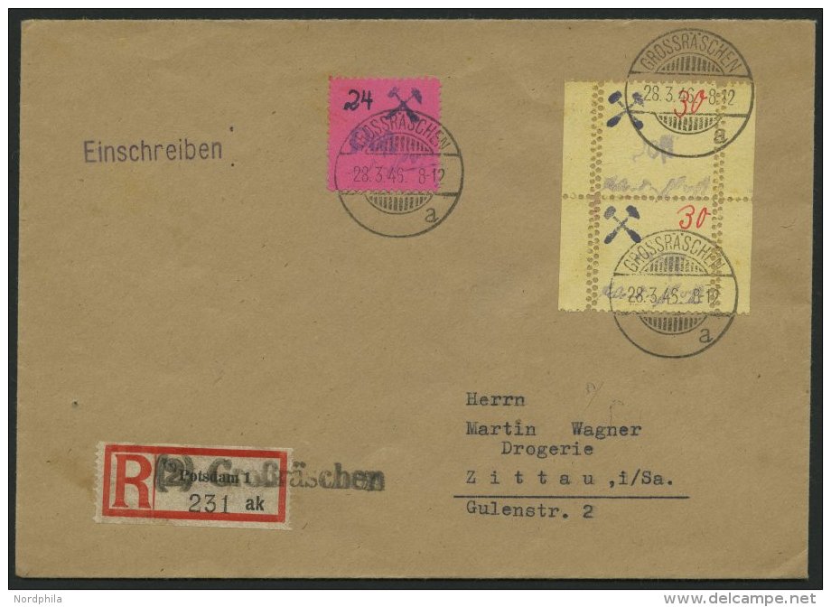 GROSSR&Auml;SCHEN 10S Paar BRIEF, 1946, 30 Pf. Geb&uuml;hrenmarke Aus Streifen Im Senkrechten Paar Mit Beidseitiger Dopp - Private & Local Mails