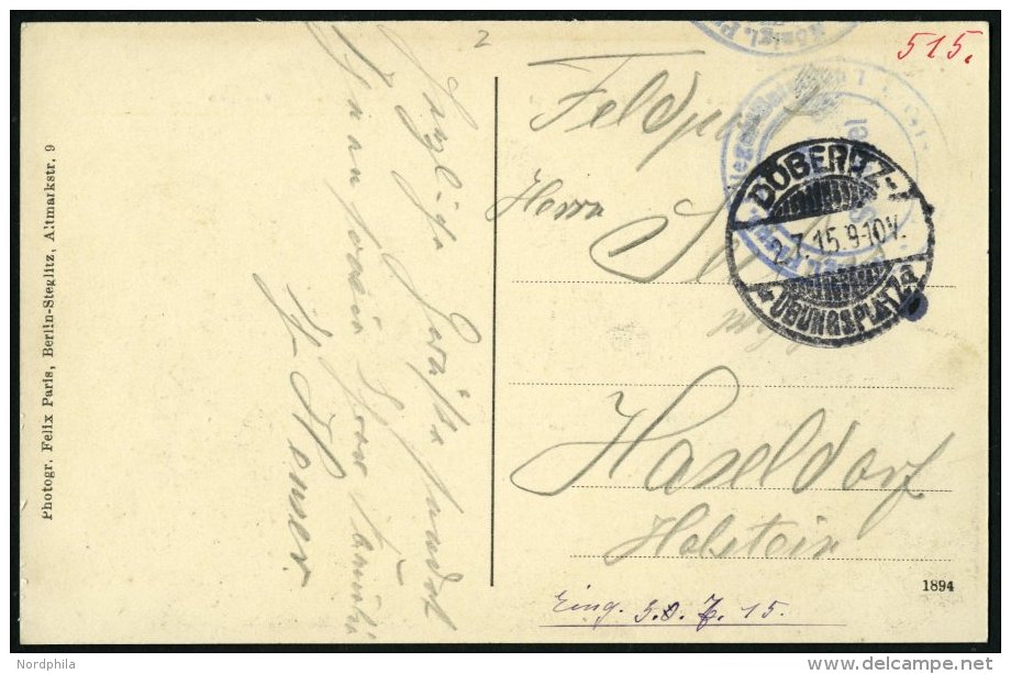 LUFTFAHRT IM I. WELTKRIEG 1915, K&Ouml;NIGL. PREUSS. FLIEGERBATT. 1, Blauer Briefstempel Auf Feldpostkarte Von D&Ouml;BE - Used Stamps