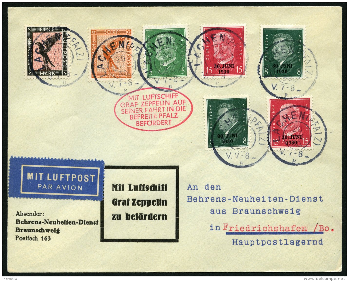 ZEPPELINPOST 75D BRIEF, 1930, Pfalzfahrt, Laachen-Fr`hafen, Prachtbrief - Zeppelins