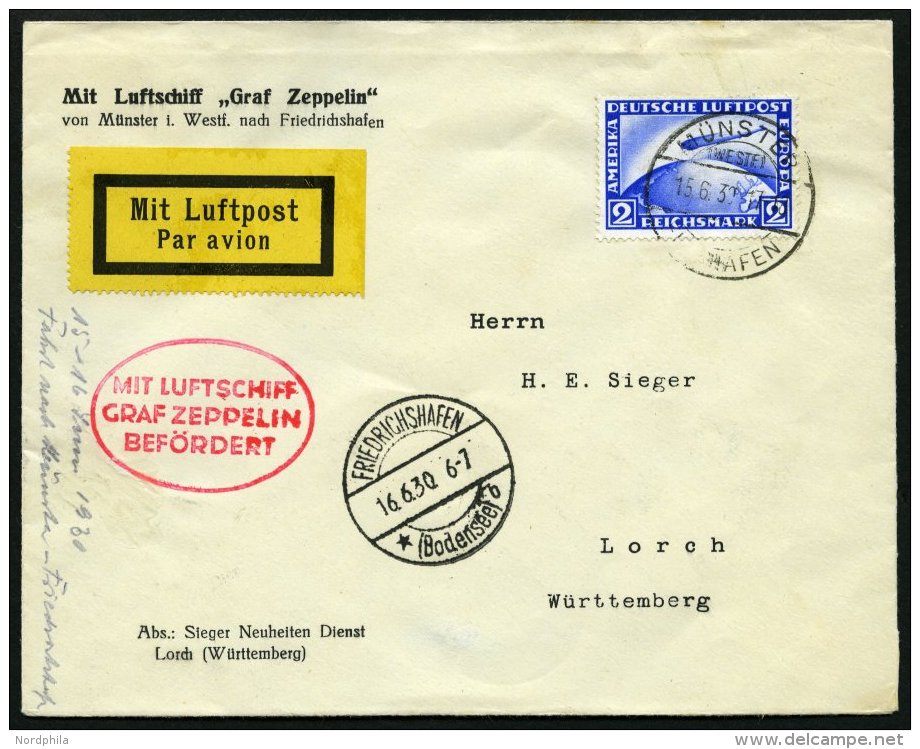 ZEPPELINPOST 65C BRIEF, 1930, Landungsfahrt Nach M&uuml;nster, Auflieferung M&uuml;nster/Flughafen, Frankiert Mit 2 RM, - Zeppelins