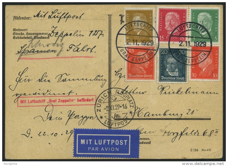 ZEPPELINPOST 45B BRIEF, 1929, Fahrt Nach Z&uuml;rich-D&uuml;bendorf, Bordpost, F&uuml;r Spanienfahrt Zu Sp&auml;t Eingel - Airmail & Zeppelin