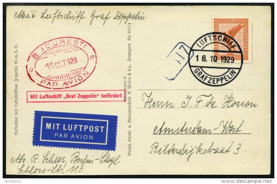 ZEPPELINPOST 42B BRIEF, 1929, Balkanfahrt, Abwurf Bukarest, Bordpost, Nur 850 Belege Bef&ouml;rdert, Prachtkarte - Zeppelins