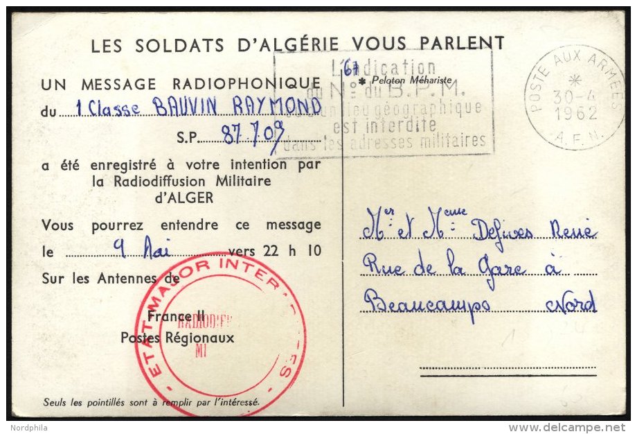 FRANKREICH FELDPOST 1962, Seltene Feldpost-Radiokarte, In Der Mitgeteilt Wird, Da&szlig; Die Gr&uuml;&szlig;e Am 9. Mai - Other & Unclassified