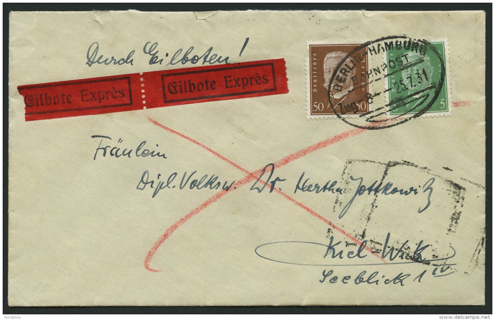 BAHNPOST DR 411,420 BRIEF, Berlin-Hamburg (Zug 8) Auf Eilbotenbrief Mit 5 Und 50 Pf. Hindenburg Von 1931, Pracht (leicht - Franking Machines (EMA)