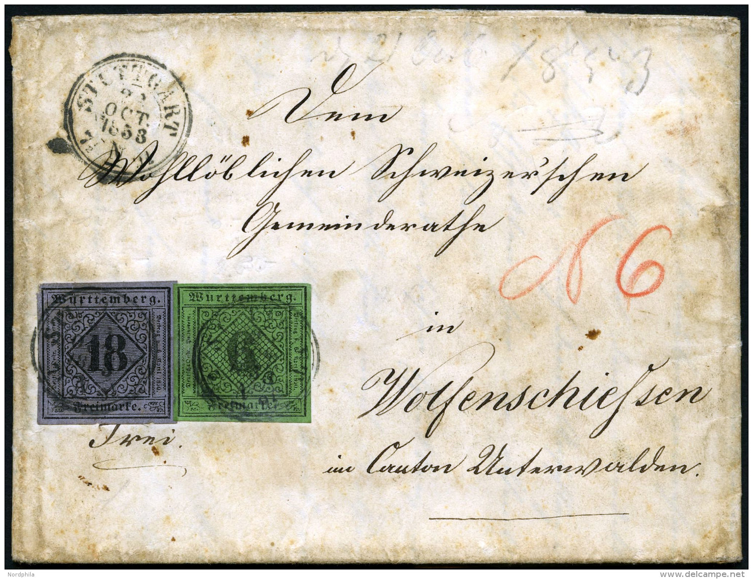 W&Uuml;RTTEMBERG 9a O, 1857, 9 Kr. Karminrosa, Vollrandig, Pracht - Other & Unclassified