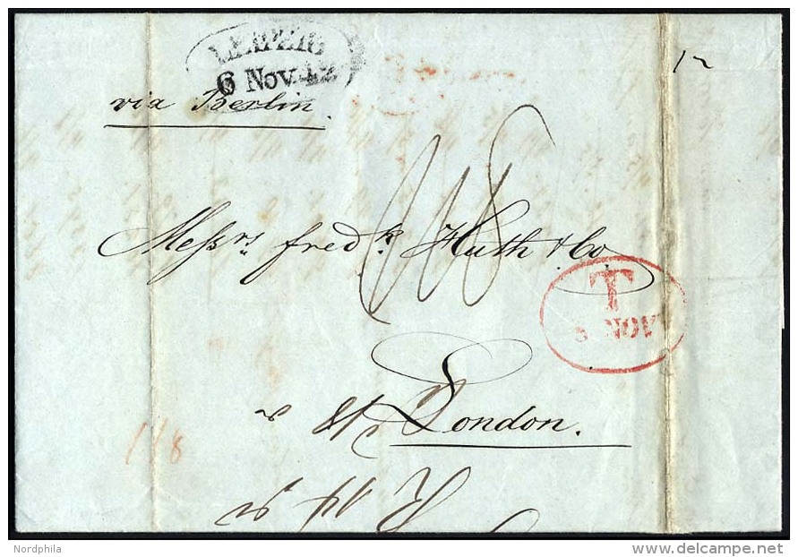 HAMBURG 1842, T 8 NOV, Rote Sonderform Auf Brief Von Leipzig (Sonderform) Via Berlin Nach London, R&uuml;ckseitiger Durc - Prephilately