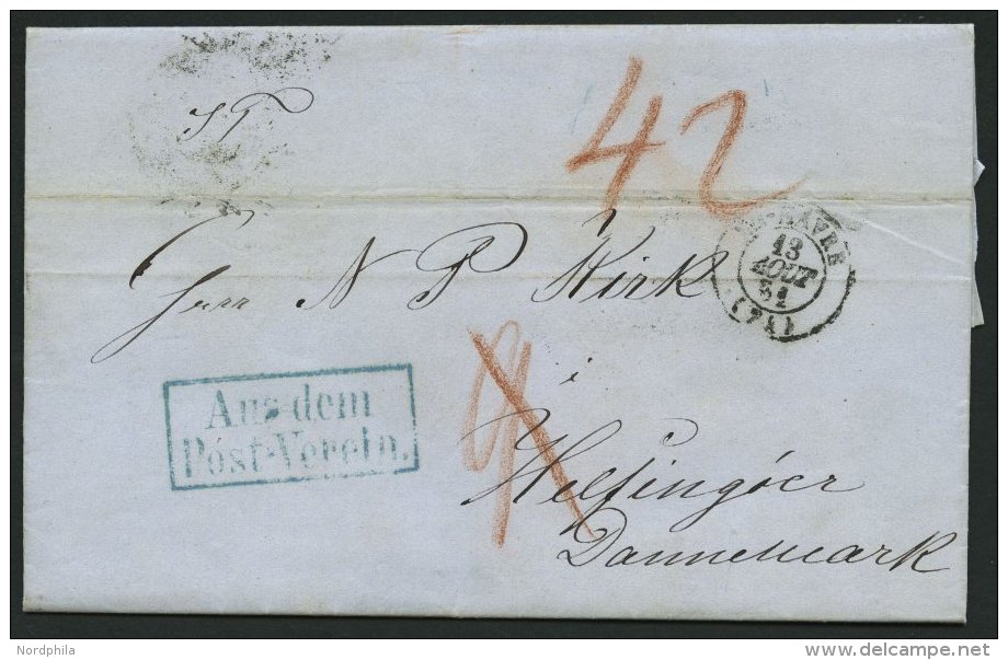 HAMBURG 1857, AUS DEM POST-VEREIN, Blauer R2 Auf Brief Von Havre (K2) Nach Helsingfors/D&auml;nemark, R&uuml;ckseitig Di - Prephilately