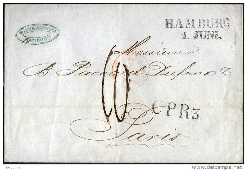 HAMBURG-VORPHILA 1846, HAMBURG, L2 Und L1 CPR 3 Auf Brief Nach Paris, Roter Tour-T-Stempel, R&uuml;ckseitiger Durchgangs - Prephilately