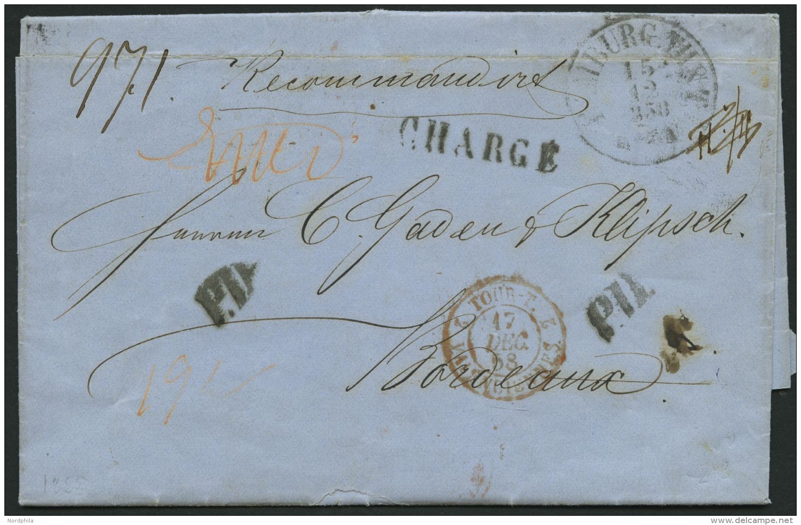 HAMBURG - THURN UND TAXISCHES O.P.A. 1858, HAMBURG TH &amp; T, K1 Auf Reco-Brief Nach Bordeaux, Diverse Nebenstpl., Mit - Prephilately